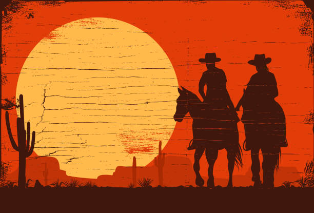 ilustrações de stock, clip art, desenhos animados e ícones de silhouette of cowboy couple riding horses on a wooden sign, vector - cowgirl