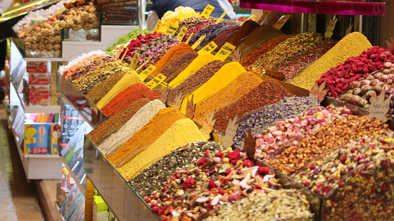 Colorful spices in Egyptian Bazaar. Istanbul, Turkey - February 9, 2019