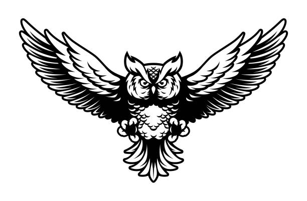 ilustraciones, imágenes clip art, dibujos animados e iconos de stock de buho volando con las alas abiertas y las garras logo mascota en estilo deportivo - owl