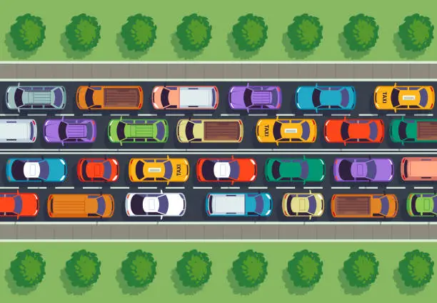 Vector illustration of Traffic jam top view. Many cars on highway, different vehicles from above. Auto vector infographic