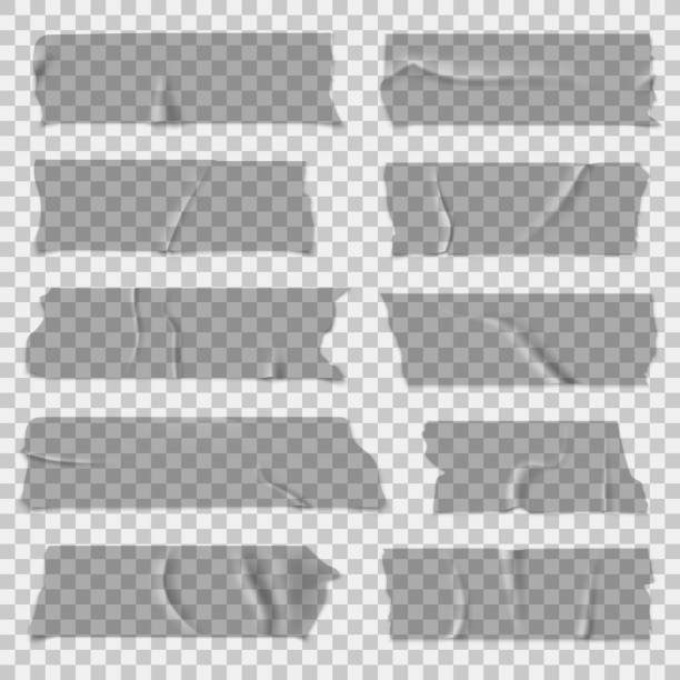 Scotch tape. Transparent adhesive tapes, sticky pieces. Isolated vector set Scotch tape. Transparent adhesive tapes, grey sticky pieces. Isolated vector set adhesive tape stock illustrations