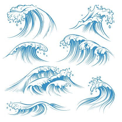 Hand drawn ocean waves. Sketch sea waves tide splash. Hand drawn surfing storm wind water doodle vector isolated vintage elements