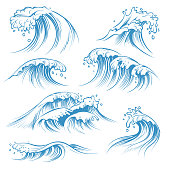 istock Hand drawn ocean waves. Sketch sea waves tide splash. Hand drawn surfing storm wind water doodle vintage elements 1128646207
