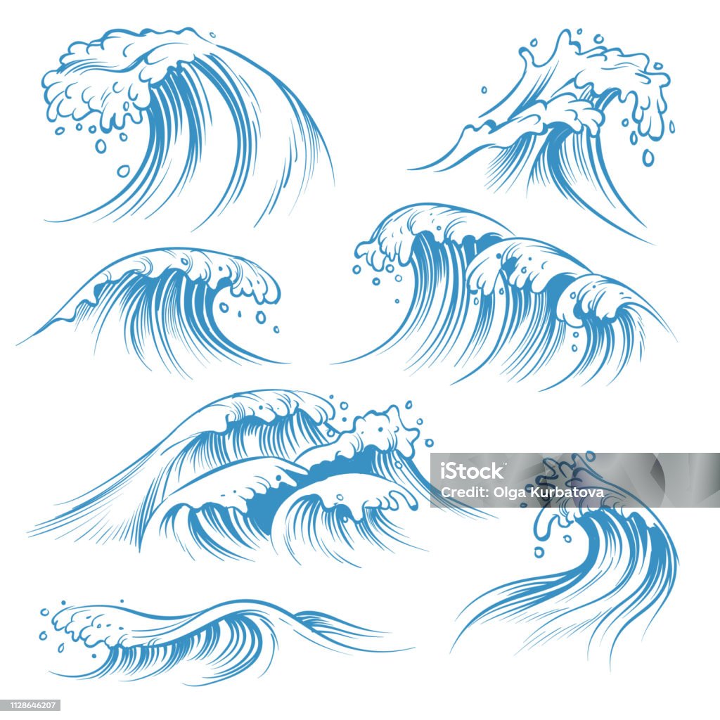 Hand drawn ocean waves. Sketch sea waves tide splash. Hand drawn surfing storm wind water doodle vintage elements Hand drawn ocean waves. Sketch sea waves tide splash. Hand drawn surfing storm wind water doodle vector isolated vintage elements Wave - Water stock vector