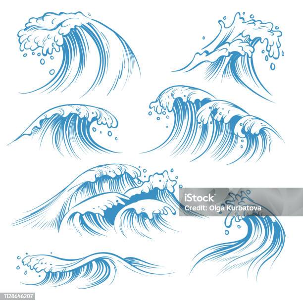 Hand Drawn Ocean Waves Sketch Sea Waves Tide Splash Hand Drawn Surfing Storm Wind Water Doodle Vintage Elements Stock Illustration - Download Image Now