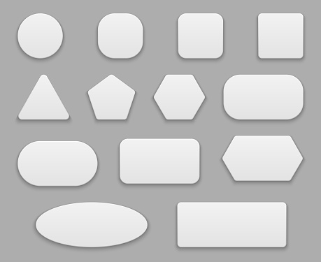 White buttons. Blank tags, white clear badge. Round square circle application button plastic 3d vector isolated shapes