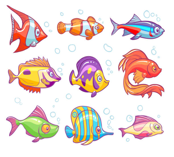 kreskówkowe ryby. akwarium morze tropikalne ryby śmieszne podwodne zwierzęta. goldfish dzieci wektor izolowany zestaw - animal animal themes sea below stock illustrations