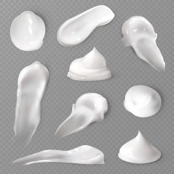 Vector illustration of Realistic cosmetic cream smears. White creamy drop skincare cream product lotion thick fresh smooth smear vector texture