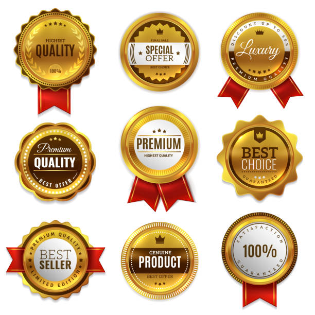 ゴールド バッジはシールの品質ラベルです。販売勲章バッジ プレミアム スタンプ ゴールデン純正エンブレム保証ベクトル丸 - quality inspection点のイラスト素材／クリップアート素材／マンガ素材／アイコン素材