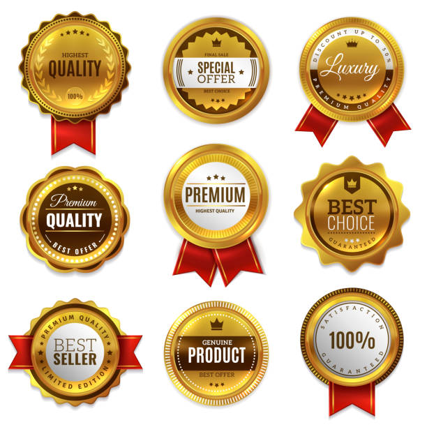 ilustrações de stock, clip art, desenhos animados e ícones de gold badges seal quality labels. sale medal badge premium stamp golden genuine emblem guarantee round vector set - great discounts