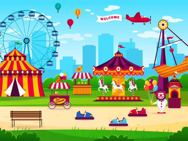 парк развлечений. достопримечательности развлечения радостные развлечь карнавал весело цирк карусель игра funfair пейзаж фон - carnival park clip art wheel stock illustrations