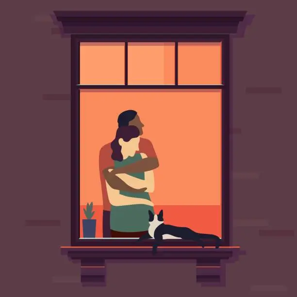 Vector illustration of Couple in window. Romantic woman and man neck at home in the evening, joyful lovely people in love vector illustration