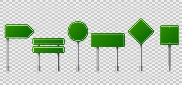 Vector illustration of Green traffic signs. Blank horizontal warning danger way destination and stop city signage on metal steel pole