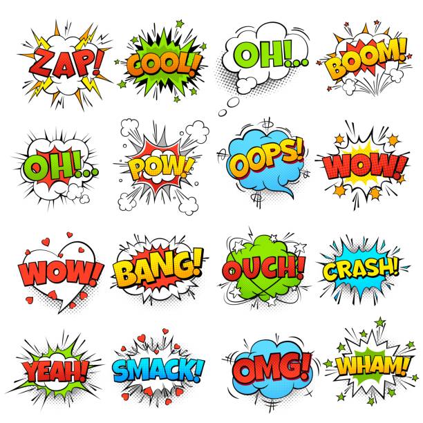 ilustraciones, imágenes clip art, dibujos animados e iconos de stock de palabras del cómicas. dibujo animado discurso burbuja con zap texto de pow wtf boom. globos de cómic pop art vector set - bang