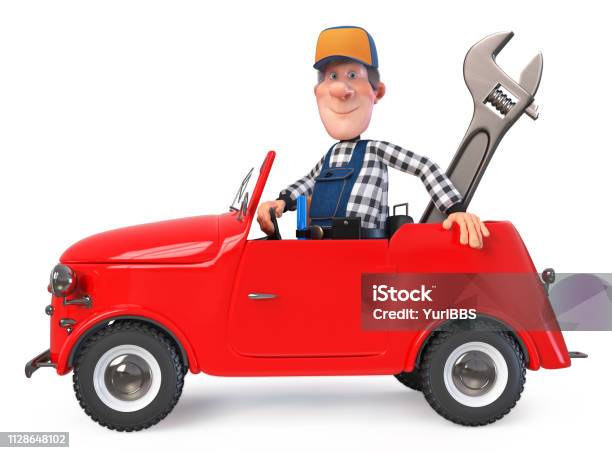3d Illustration Fun Mechanic In Overalls With A Car Stock Photo - Download Image Now