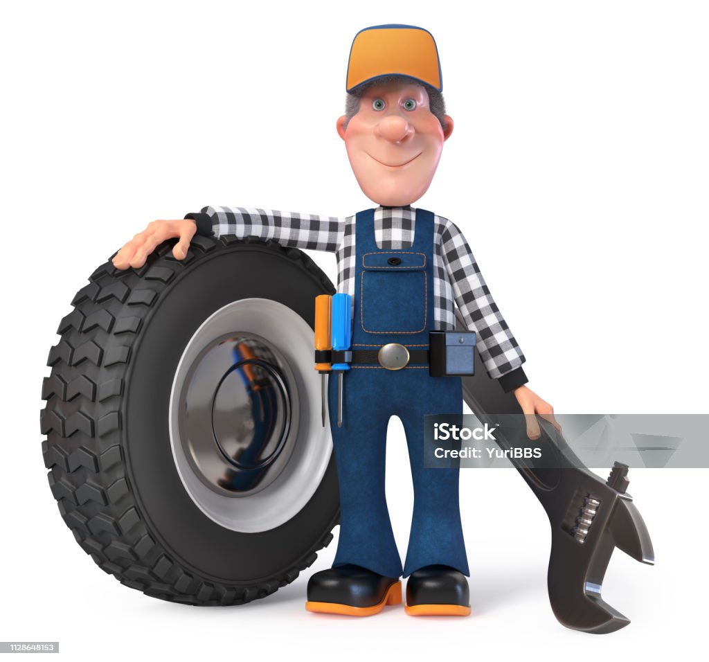 3d illustration fun mechanic in overalls with a car 3D illustration of funny engineer character engaged in repair car Auto Repair Shop Stock Photo