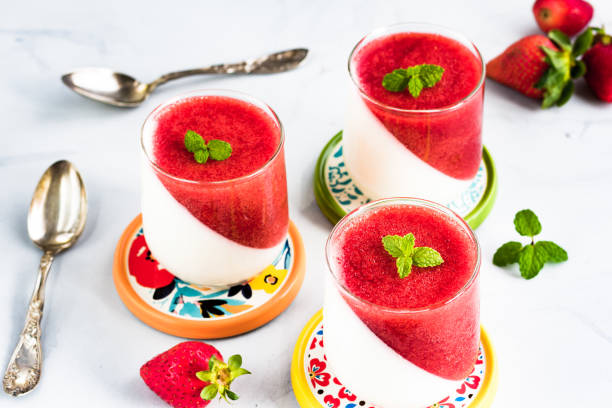 Strawberry Panna Cotta with Mint Leaves Topping