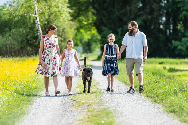 istock Family walking outdoors with the dog 1128649978