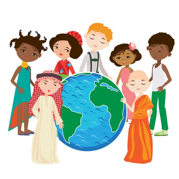 Vector illustration of children around the planet