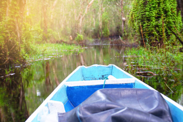 istock landscape ,boat on the river, summer day .Copy Space Area 1128652163