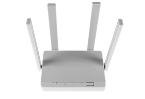 istock Wireless Wi-Fi router isolated on white background. wifi technology concept. White wireless internet router isolated. Cable modem with antenna isolated on white background. Indicator lights 1128654715