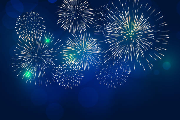 화려한 불꽃 벡터 bokeh와 축 하 이벤트, 크리스마스 이브, 새 해, 7 월 4 일에 대 한 황혼의 배경에 백색 창백한 작업복 - fireworks stock illustrations