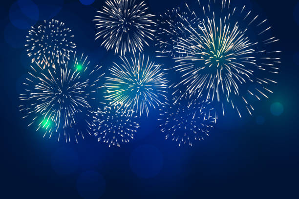 kolorowy wektor fajerwerków z bokeh i białym bladym smock na tle zmierzchu na imprezie celebracji, wigilia, nowy rok, 4 lipca - firework display pyrotechnics isolated horizontal stock illustrations