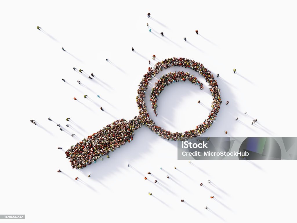 Foule humaine formant un symbole de la grosse loupe - Photo de Moteur de recherche libre de droits