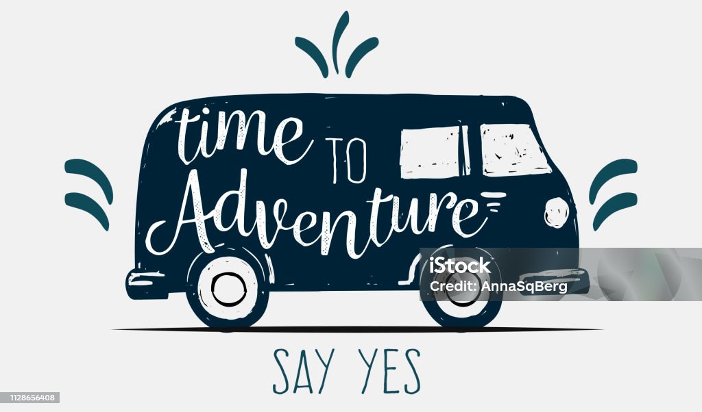 Logo sign time to adventure say yes Logo sign time to adventure say yes. Emblem with moving bus and text on it flat style vector illustration. Explore and travel concept. Isolated on white background Adventure stock vector