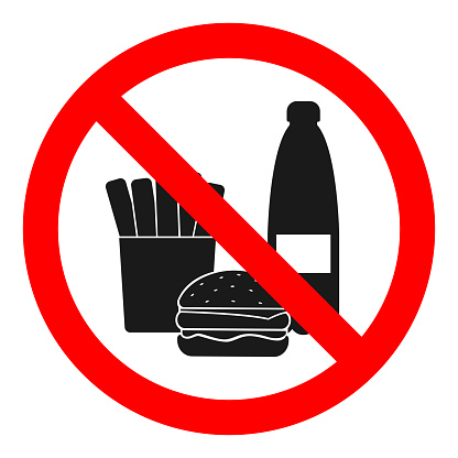 NO FOOD, NO DRINKS sign. Healthy eating symbol. Vector.