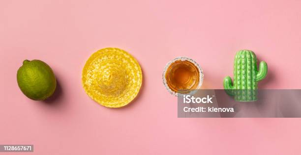 Sombrero Lime Tequila And Cactus On Pink Background Stock Photo - Download Image Now