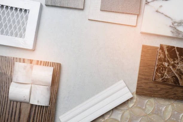 istock samples of material, wood , on concrete table.Interior design select material for idea. 1128658368