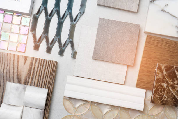 istock samples of material, wood , on concrete table.Interior design select material for idea. 1128658372