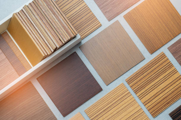 istock samples of material, wood , on concrete table.Interior design select material for idea. 1128658463