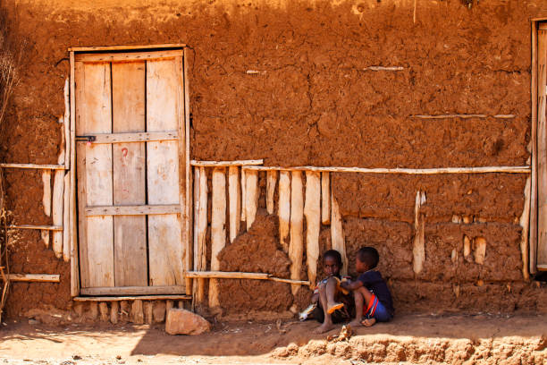 Hamar tribe Omo valley Ethiopia Turmi, Omo River Valley, Ethiopia - December 23, 2010: Two  Hamar boys in front of a house in Turmi. The Hamer are a primitive tribe and the women have many decorations. hamer tribe photos stock pictures, royalty-free photos & images