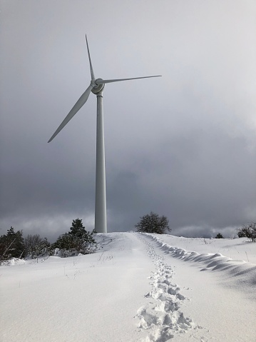 Snow footprints in a winter wind farm. (Navarre, Spain)