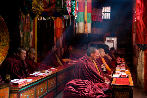 Tibet. China. 10/02/2006  Tibetan Buddhist Monks at Samye Monastery in Tibet. Samye was the first Gompa monastery built in Tibet and is probably the oldest, being constructed around 775AD.