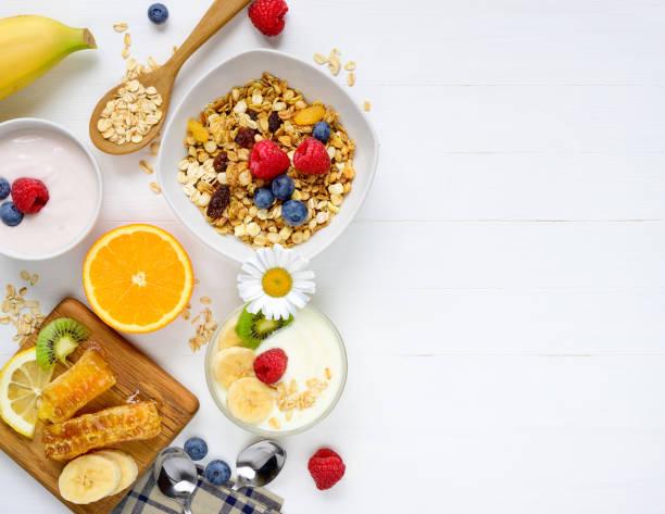 istock Healthy breakfast on white wooden table 1128662068