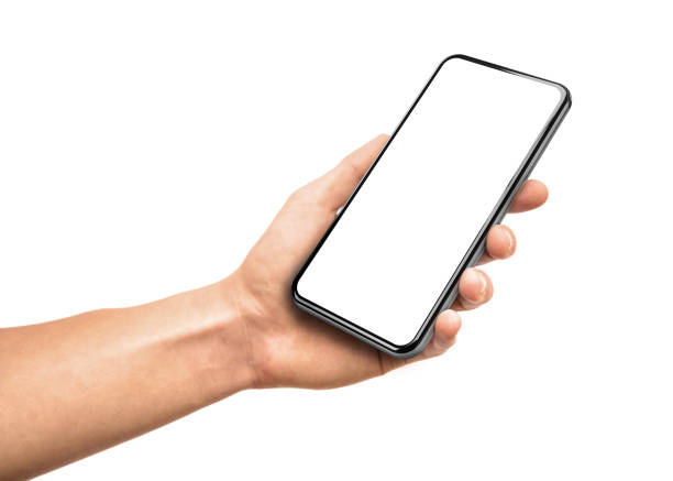 istock Man hand holding the black smartphone with blank screen and modern frame less design two positions angled and vertical 1128662686