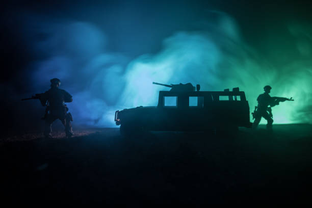 war concept. military silhouettes fighting scene on war fog sky background, fighting silhouettes below cloudy skyline at night. battle scene. army vehicle with soldiers. army - car individuality military 4x4 imagens e fotografias de stock