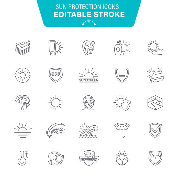 Sun Protection Icons Sunscreen, Skin care, Sunlight, Icon, Suntan Lotion, Editable Stroke Icon Set uv light stock illustrations