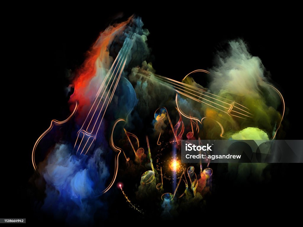 Violin Duet Music Dream series. Two violins and abstract colorful paint as a concept metaphor on subject of musical instruments, melody, sound, performance arts and creativity Orchestra Stock Photo