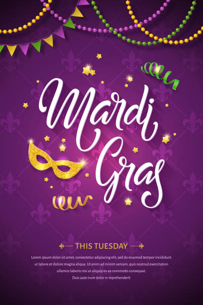 Vector Mardi Gras brochure. Mardi gras brochure. Fat tuesday greeting card with handwritten lettering logo and golden mask. Shining beads and flags on traditional colors background new orleans mardi gras stock illustrations