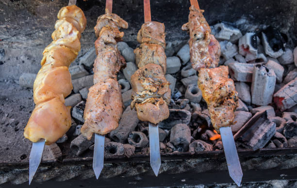 istock Skewers with pieces of mutton meat 1128667132