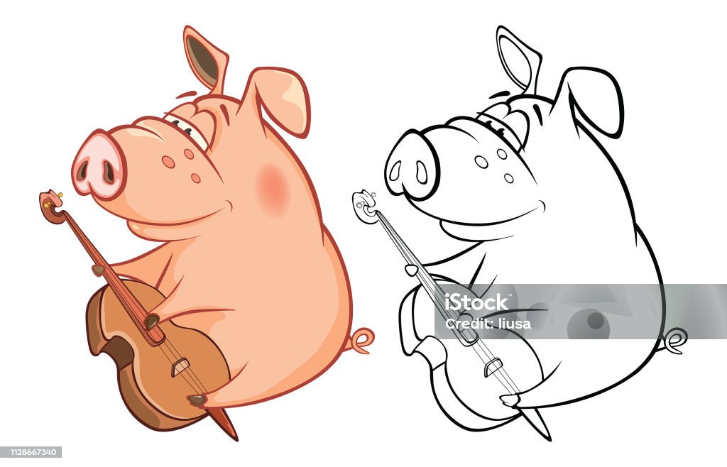 Vector Illustration of a Cute Pig Musician. Coloring Book Cartoon Little pink pig the musician with a musical instrument and its sketch Animal stock vector