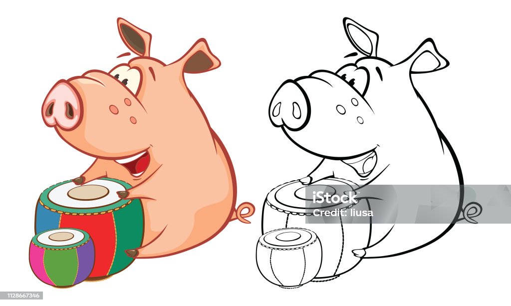 Vector Illustration of a Cute Pig Musician. Coloring Book Cartoon Little pink pig the musician with a musical instrument and its sketch Animal stock vector