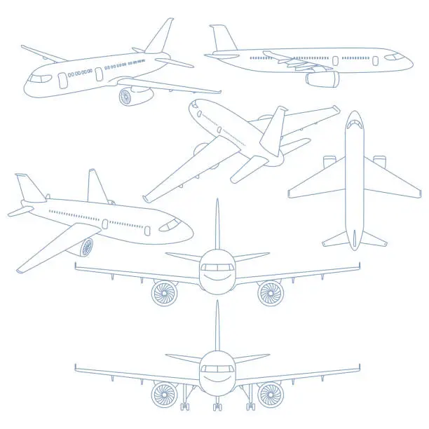 Vector illustration of Vector Set of Blue Outline Airplanes Illustration.