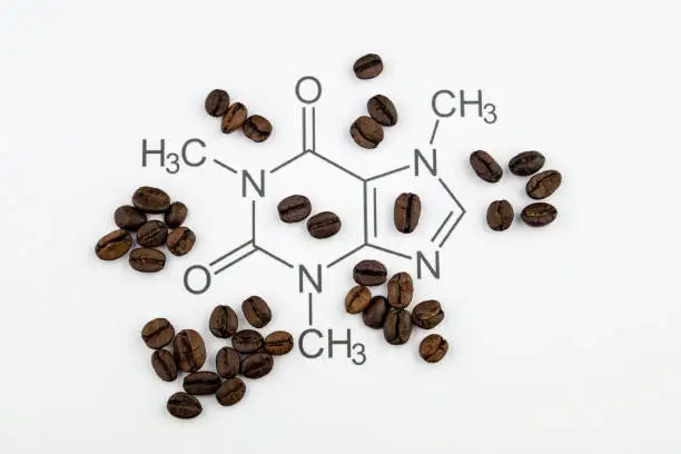 Chemical formula for caffeine with coffee beans