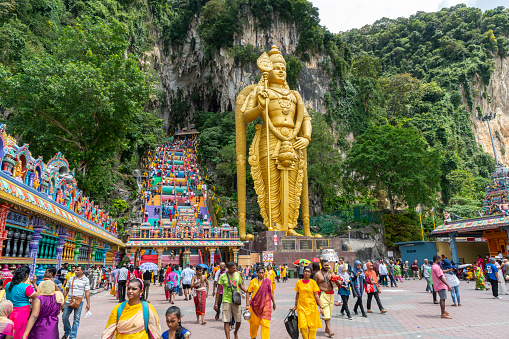 Kuala Lumpur, Malaysia. January 2019.    panorama of the square in front of the great staircase leading to the temples of Batu Caves during the annual Thaipusam religious festival