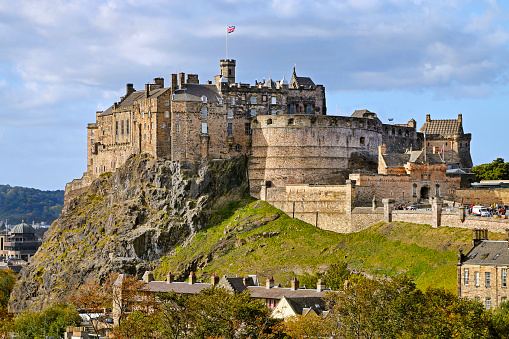 view on Edinburgh skyline with Edinburgh Castle and Scotts Monument from Calton Hill, Scotland